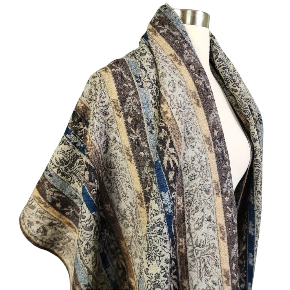 Essential Classics‎ 100% Wool Paisley Stripe Wrap Shawl Scarf Blue Brown India
